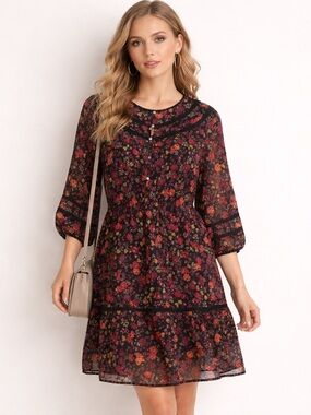 Ann Taylor XXL Tall Loft Floral Knee Length Dress Black with Pink Orange Floral